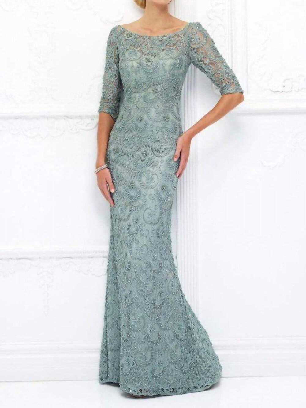 NEW IVONNE D beaded lace illusion bateau tulle gown in seafoam